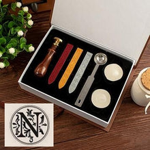 Load image into Gallery viewer, Vintage wood Alphabet Badge Seal Stamp Wax Kit Set