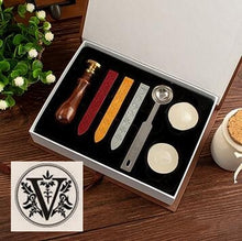 Load image into Gallery viewer, Vintage wood Alphabet Badge Seal Stamp Wax Kit Set
