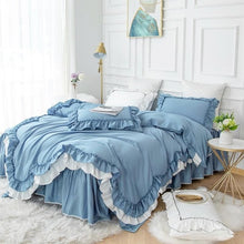 Load image into Gallery viewer, Vintage White Blue 100%Cotton Soft Double Ruffles Duvet Cover 4/6Pcs Set