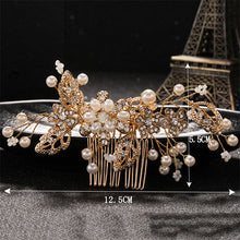 Load image into Gallery viewer, Women&#39;s Gold Color Crystal Simulated Pearl Hair Comb
