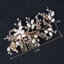 Load image into Gallery viewer, Women&#39;s Gold Color Crystal Simulated Pearl Hair Comb
