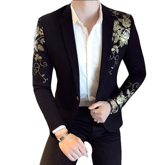 Men's Gold Flower Print One Button Blazer