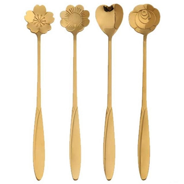 4pcs Flowers Design Gold Spoon Long Handle Dessert Tea Coffee Mixing Spoon