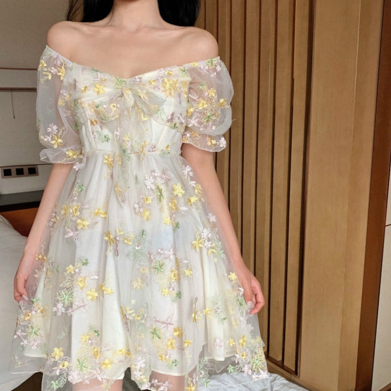 Women's Floral Dress Women Sexy Puff Sleeve Lace Chiffon Dress