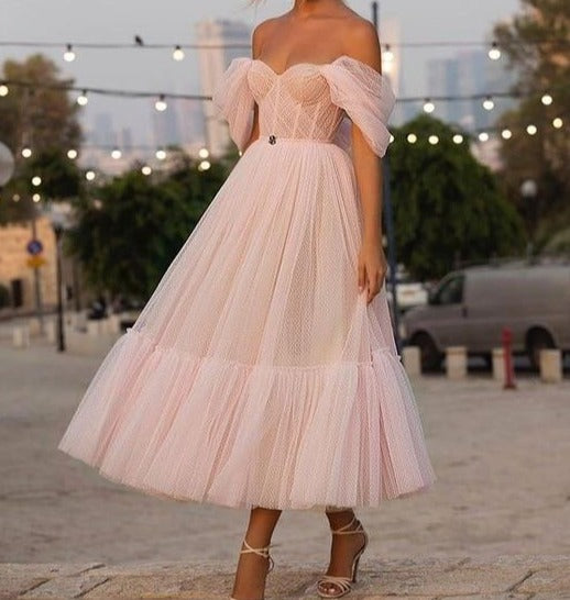 Women's Verngo Blush Pink Off the Shoulder Dot Tulle Dress