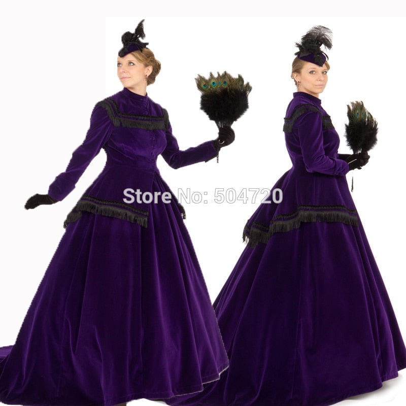 Women's Elegant Purple Velvet Victorian Era Regency Dress