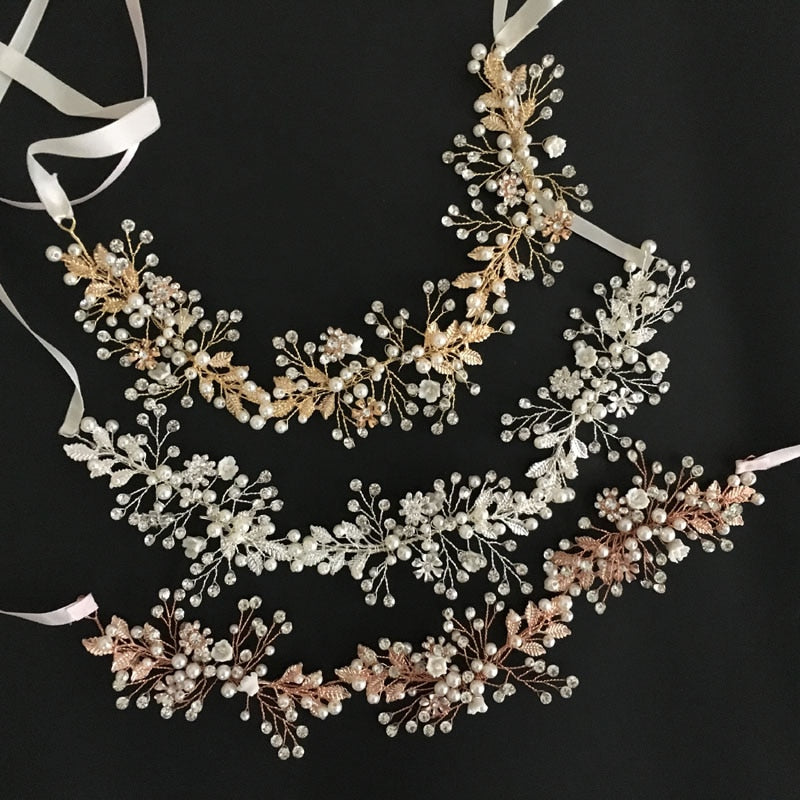 Women's Handmade Vintage Gold Crystal and Pearls Headpiece