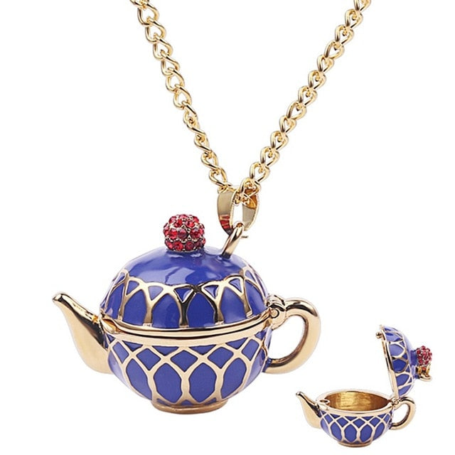 Women's Blue Teapot Necklace Set